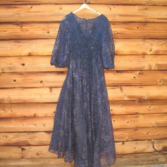 MAC DUGGAL 20283 Womens Blue Embellished Plunge Neck Puff Sleeve A Line Gown - Picture 11 of 14